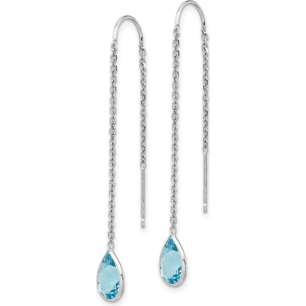 14K White Gold Blue Topaz Pear Bezel Threader Earrings - 1.60 Carat Total Blue Topaz Weight by Monteluci Fine Jewelry - Image 2
