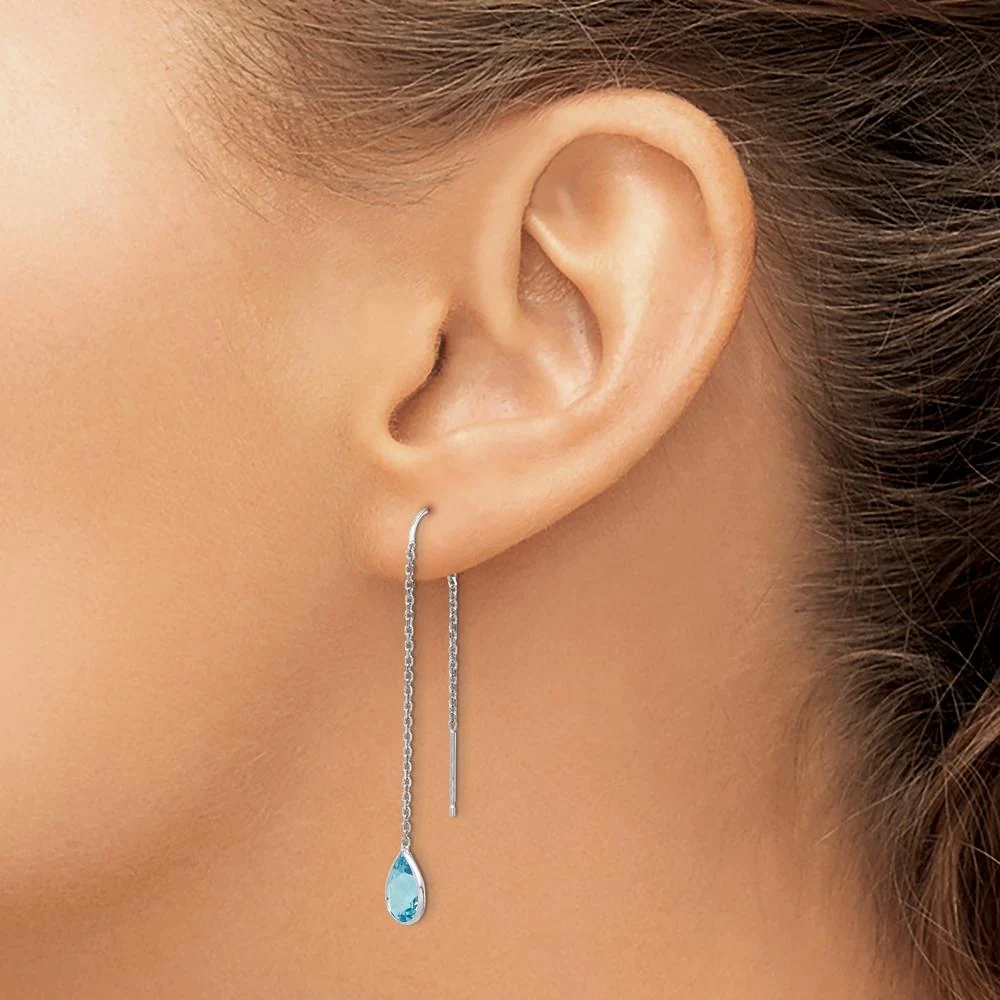 14K White Gold Blue Topaz Pear Bezel Threader Earrings - 1.60 Carat Total Blue Topaz Weight by Monteluci Fine Jewelry - Image 3