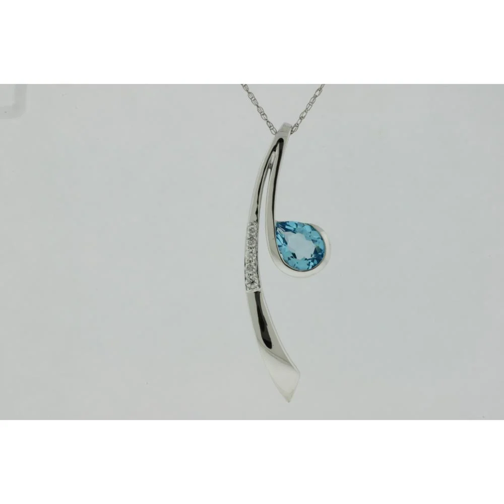 14K White Gold Blue Topaz Pear Shape Pendant with Round Diamonds - 1.53 Carats Total Gemstone Weight - Royal Jewelry