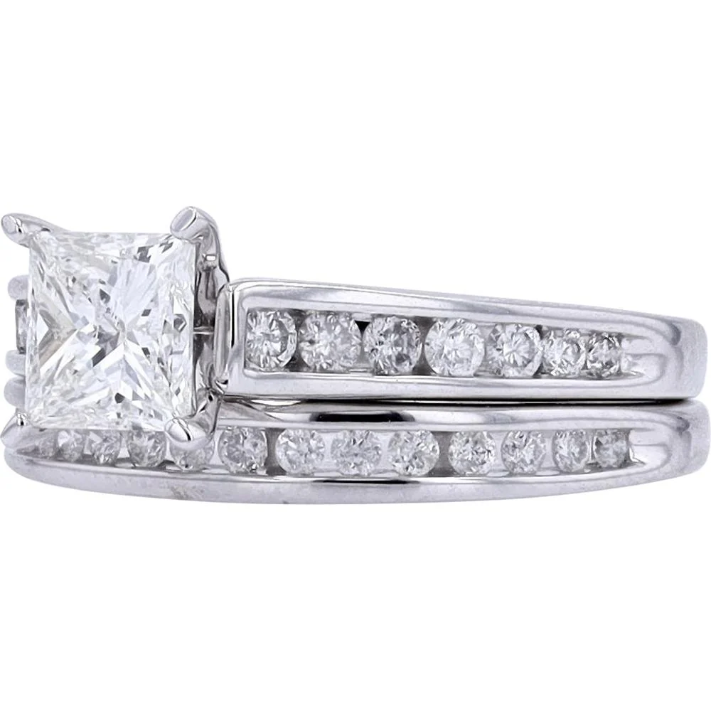 14K White Gold Bridal Set with 1.00 Carat Princess Cut Center Diamond and 0.50 Carat Channel Set Round Diamonds - Image 3