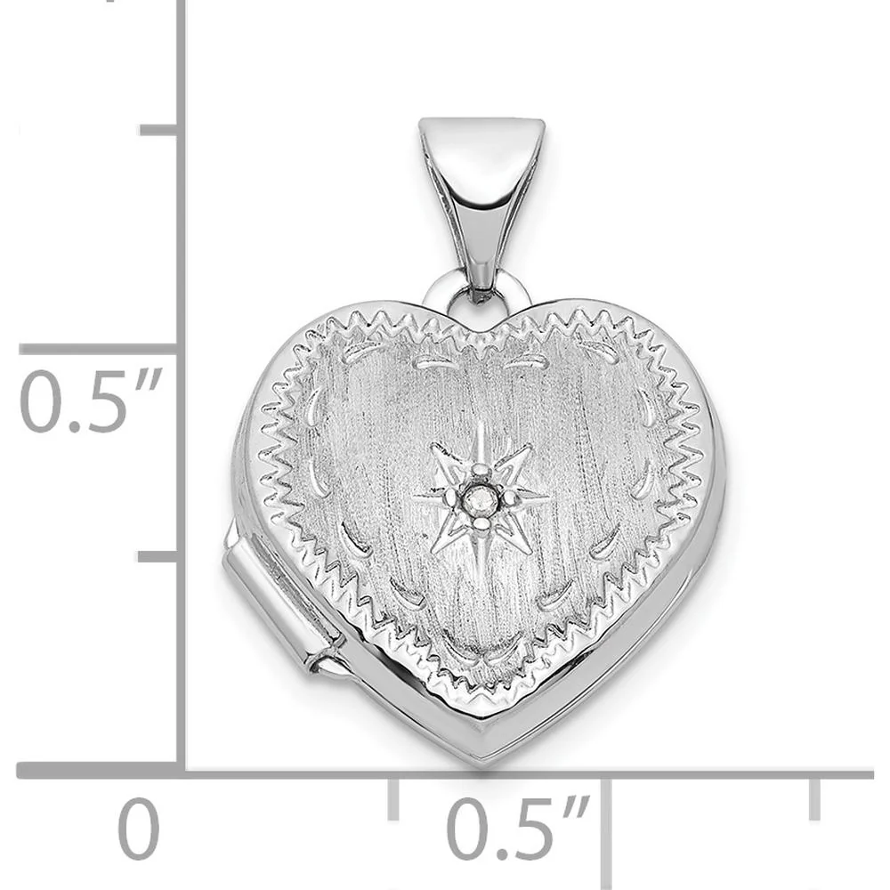 14K White Gold Brushed Diamond Star 15mm Heart Locket - 0.005 Carat Diamond by Monteluci Fine Jewelry - Image 3
