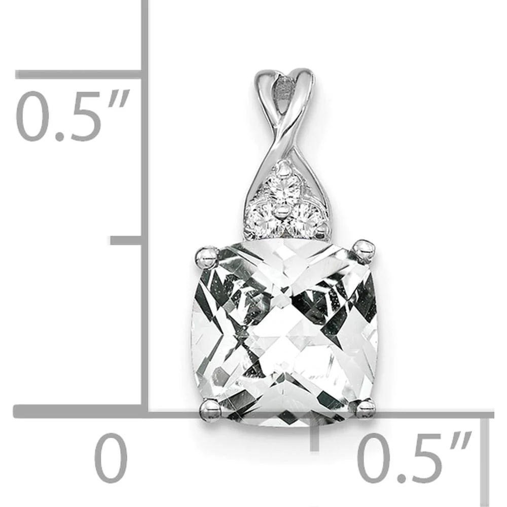 14K White Gold Checkerboard White Topaz and Diamond Pendant - 7mm Cushion Cut Topaz, 0.01 Carat Diamonds by Oro Pregiato - Image 2