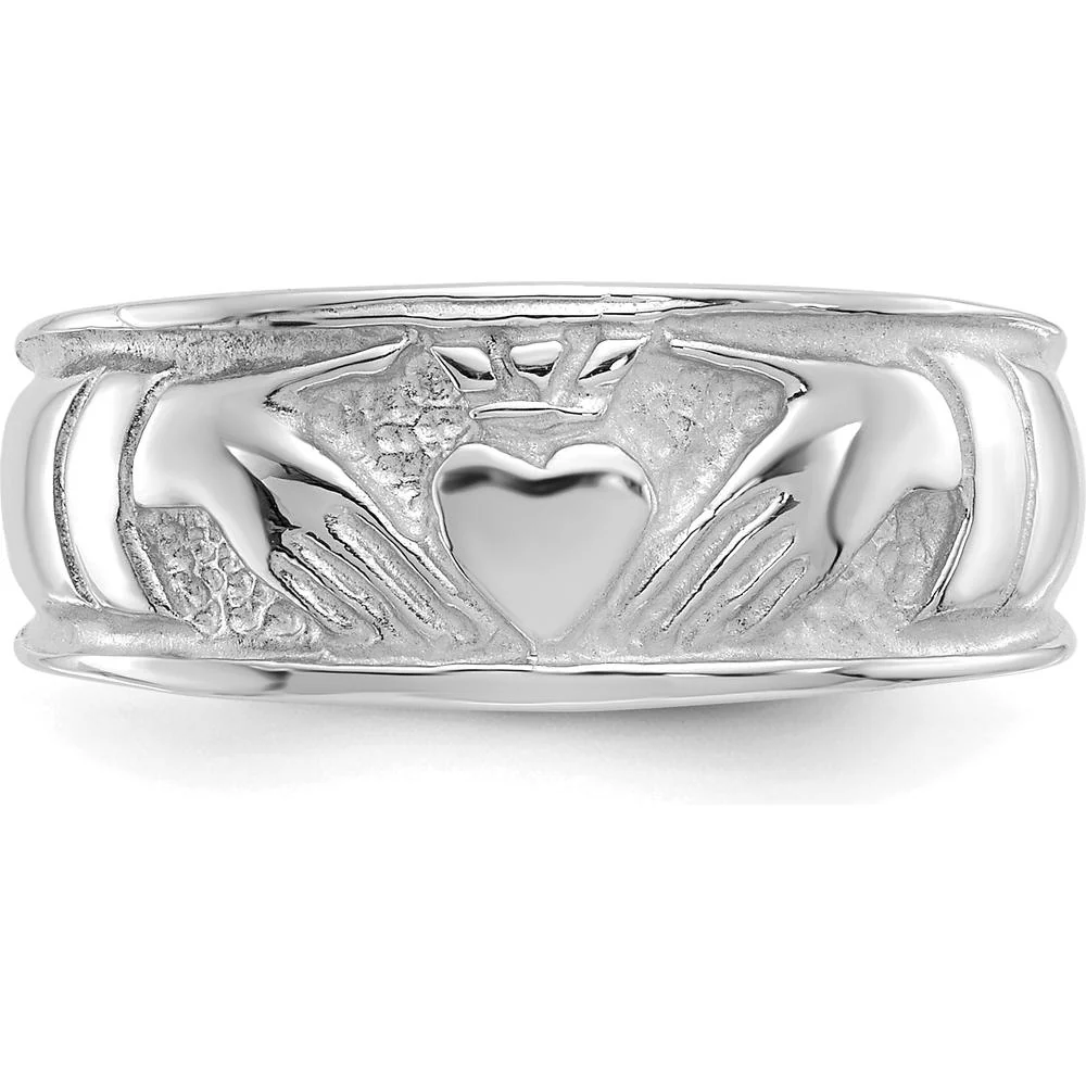14K White Gold Claddagh Band with Satin Texture - 7mm Width by Oro Pregiato - Image 5