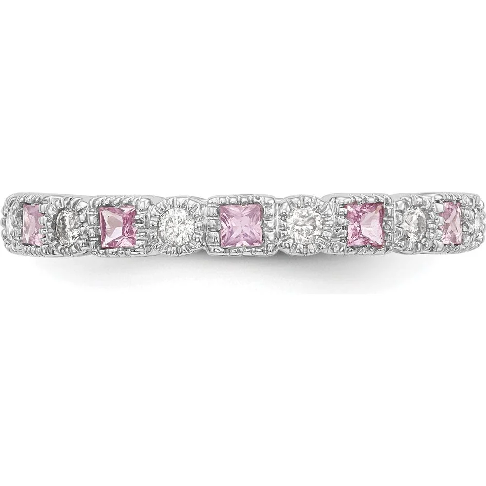 14K White Gold Complete Band with Princess Cut Pink Sapphires and Round Diamonds - 0.10 Carat Total Gem Weight - Size 7 by Luciano & Cie - Image 4