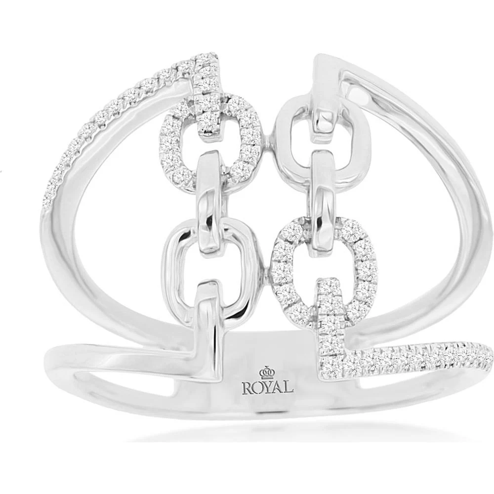 14K White Gold Contemporary Chain Link Ring with Round Brilliant Diamonds - 0.16 Carat Total Diamond Weight - Royal Jewelry