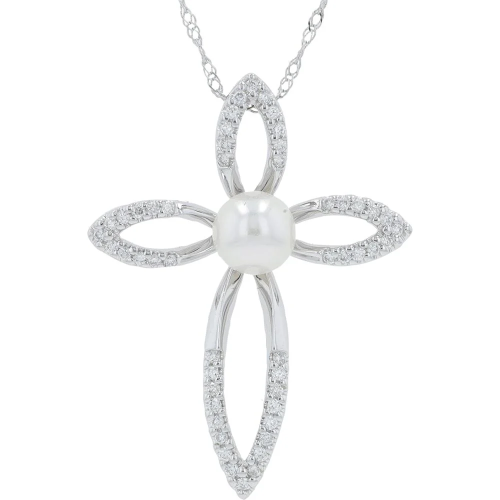 14K White Gold Cross Pendant with 5mm Cultured Pearl and 0.17 Carat Diamond Accents