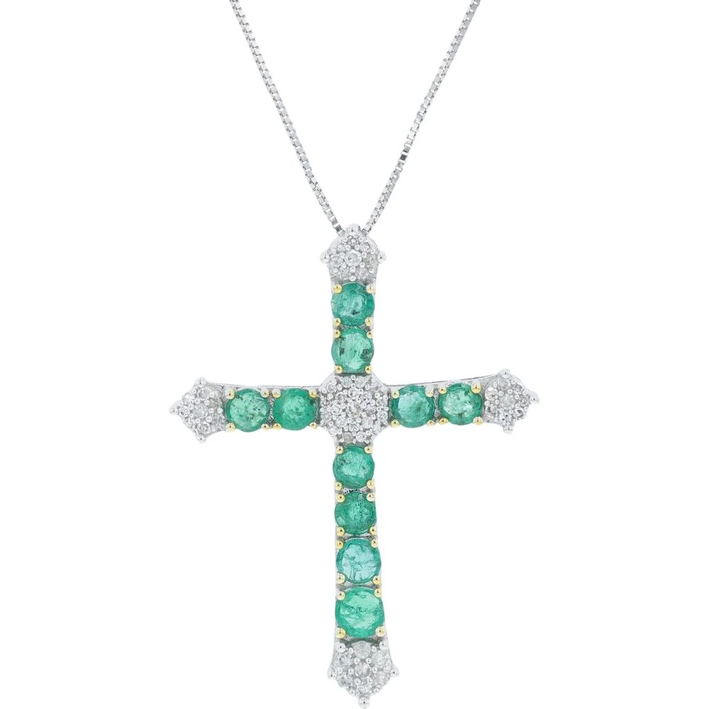 14K White Gold Cross Pendant with Round Emeralds and Diamond Accents - 1.10 - 1.25 Carat Emerald Total, 0.17 Carat Diamonds
