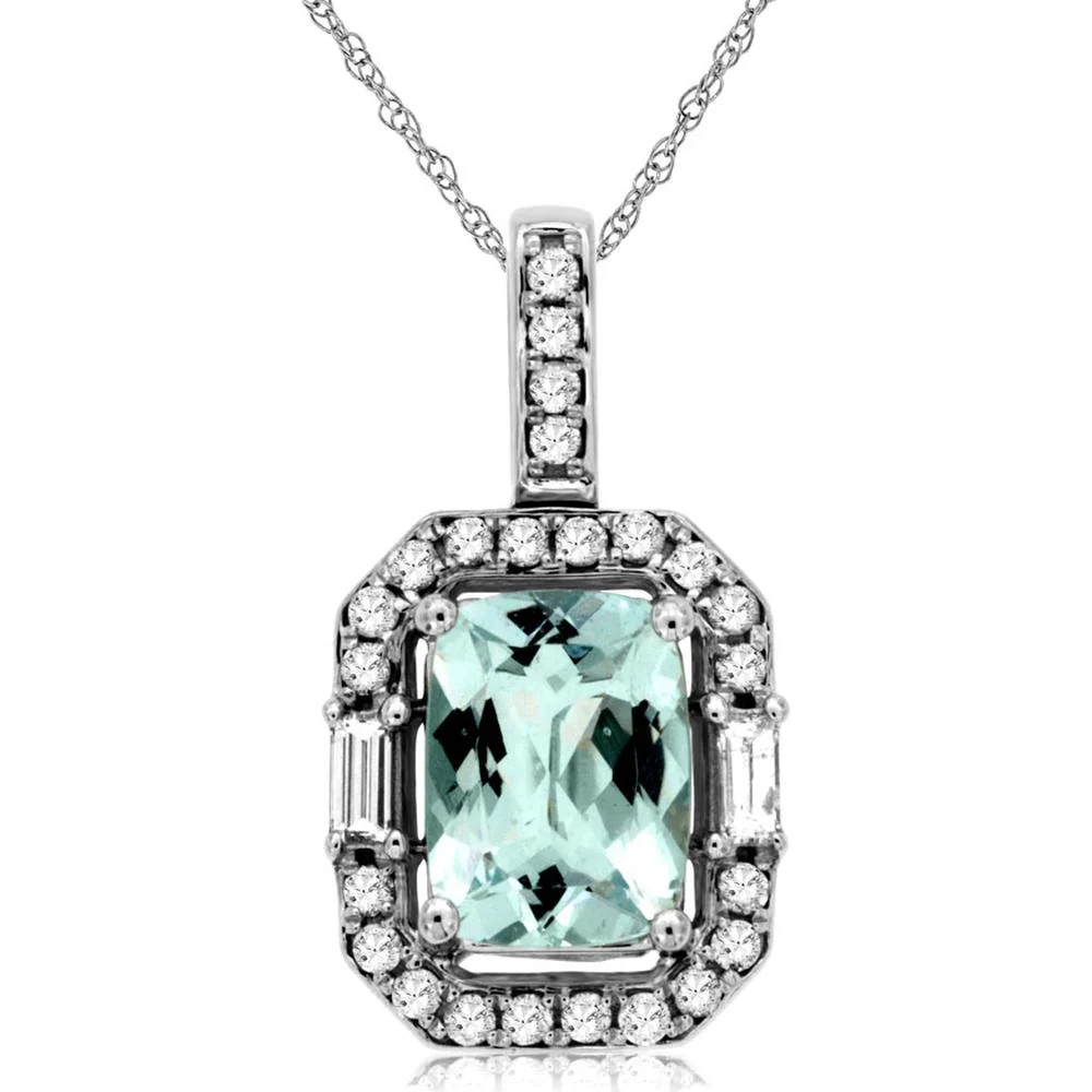 14K White Gold Cushion Cut Aquamarine and Diamond Halo Pendant with Baguette Side Accents - 1.50 Carat Aquamarine, 0.27 Carat Total Diamond Weight - Royal Jewelry