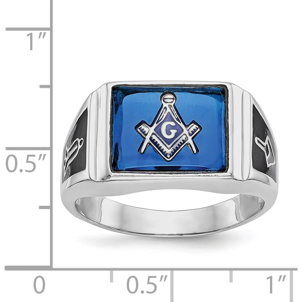14K White Gold Cushion-Cut Blue Spinel and Black Enamel Masonic Ring with Rhodium Finish - Size 10 by IBGoodman - Image 8