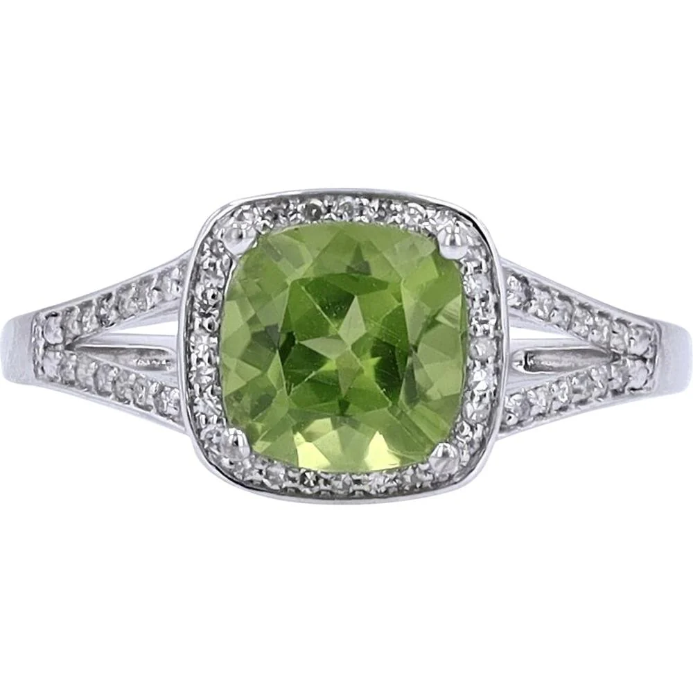 14K White Gold Cushion Cut Peridot Ring with 0.15 Carat Diamond Halo