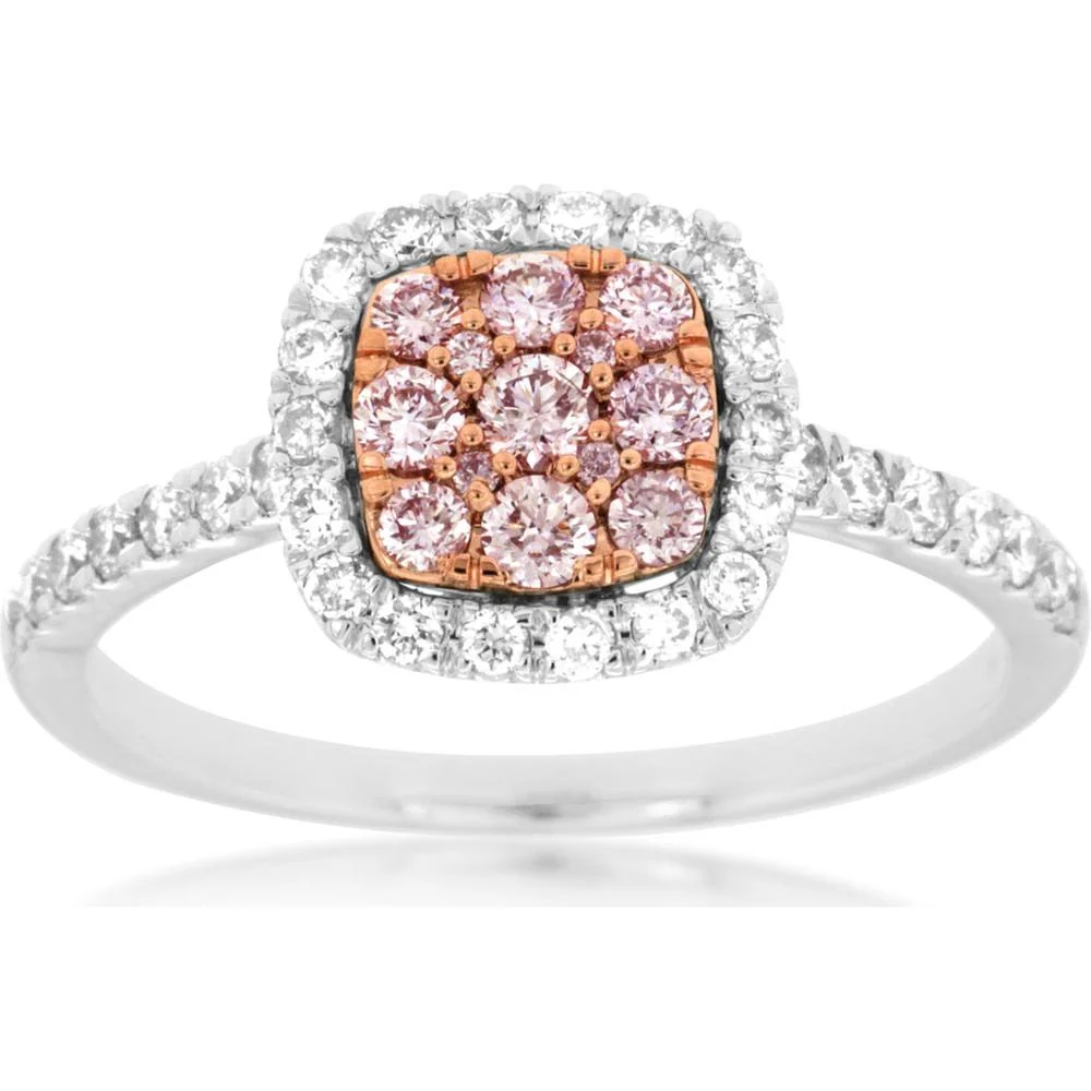 14K White Gold Cushion Halo Ring with Round Pink Diamond Cluster and Round White Diamonds - 0.67 Carat Total Diamond Weight - Royal Jewelry