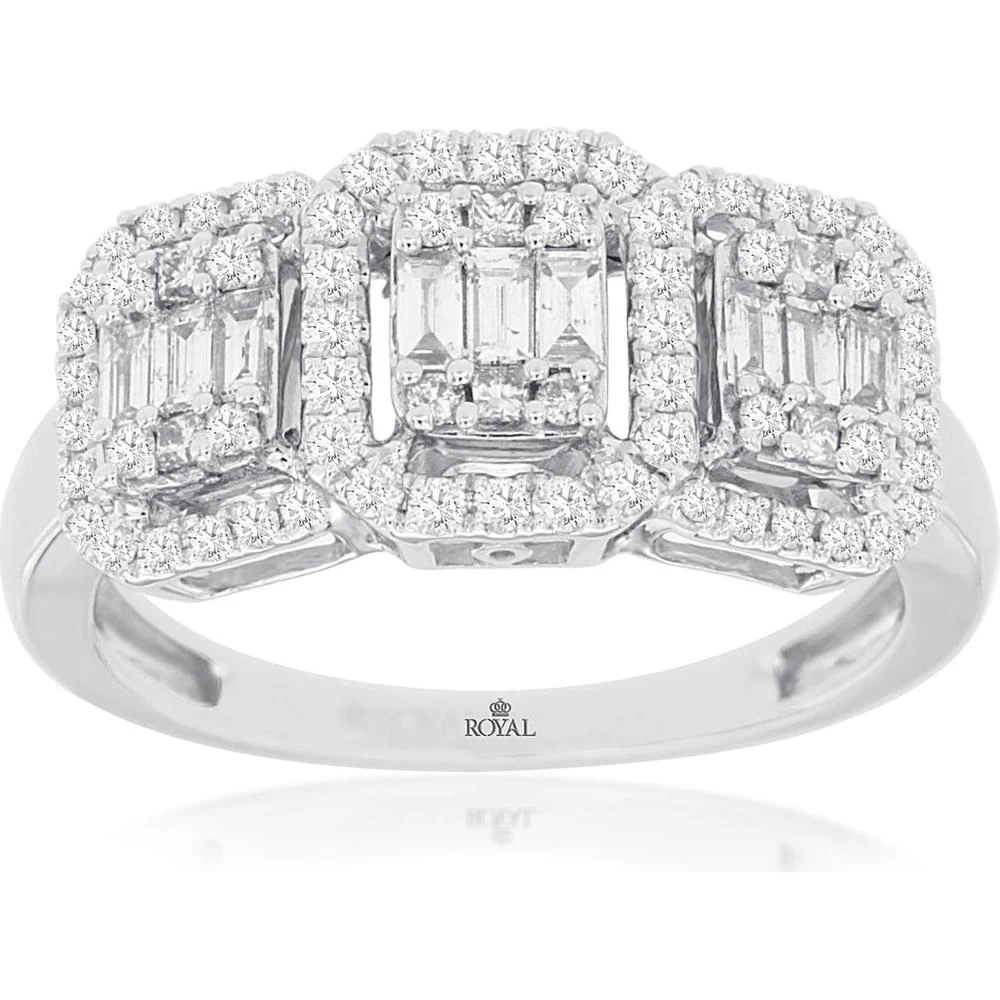 14K White Gold Diamond 3-Stone Halo Ring with Rectangular Cut Diamonds - 0.66 Carats Total Diamond Weight - Royal Jewelry