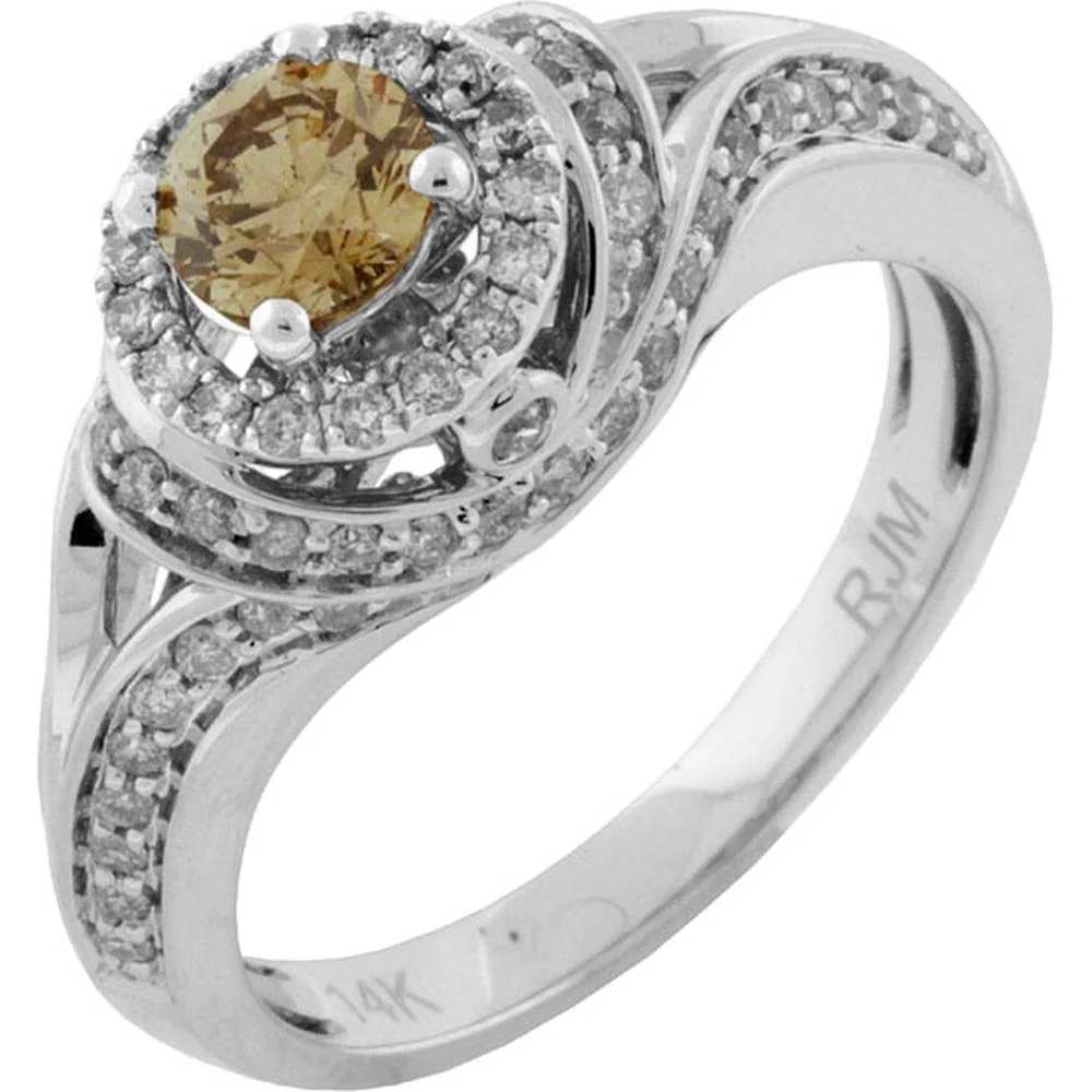 14K White Gold Diamond and Mocha Diamond Halo Engagement Ring - 1.00 Carat Total Diamond Weight - Royal Jewelry