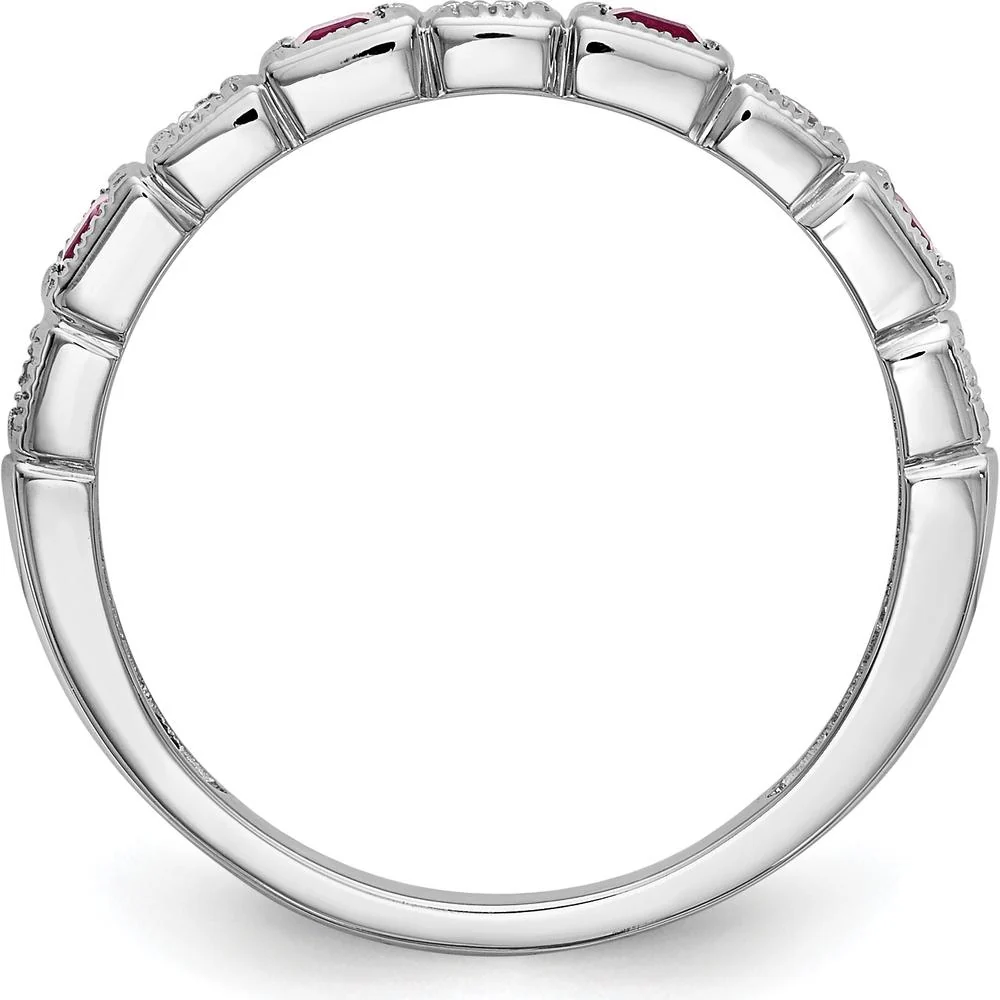 14K White Gold Diamond and Ruby Band with Baguette and Round Stones - 0.07 Carat Total Diamond and Ruby Weight - Size 7 by Luciano & Cie - Image 2