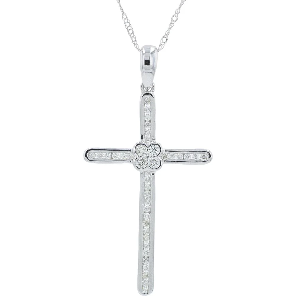 14K White Gold Diamond Cross Pendant with Floral Cluster - 0.27 Carat Total Diamond Weight