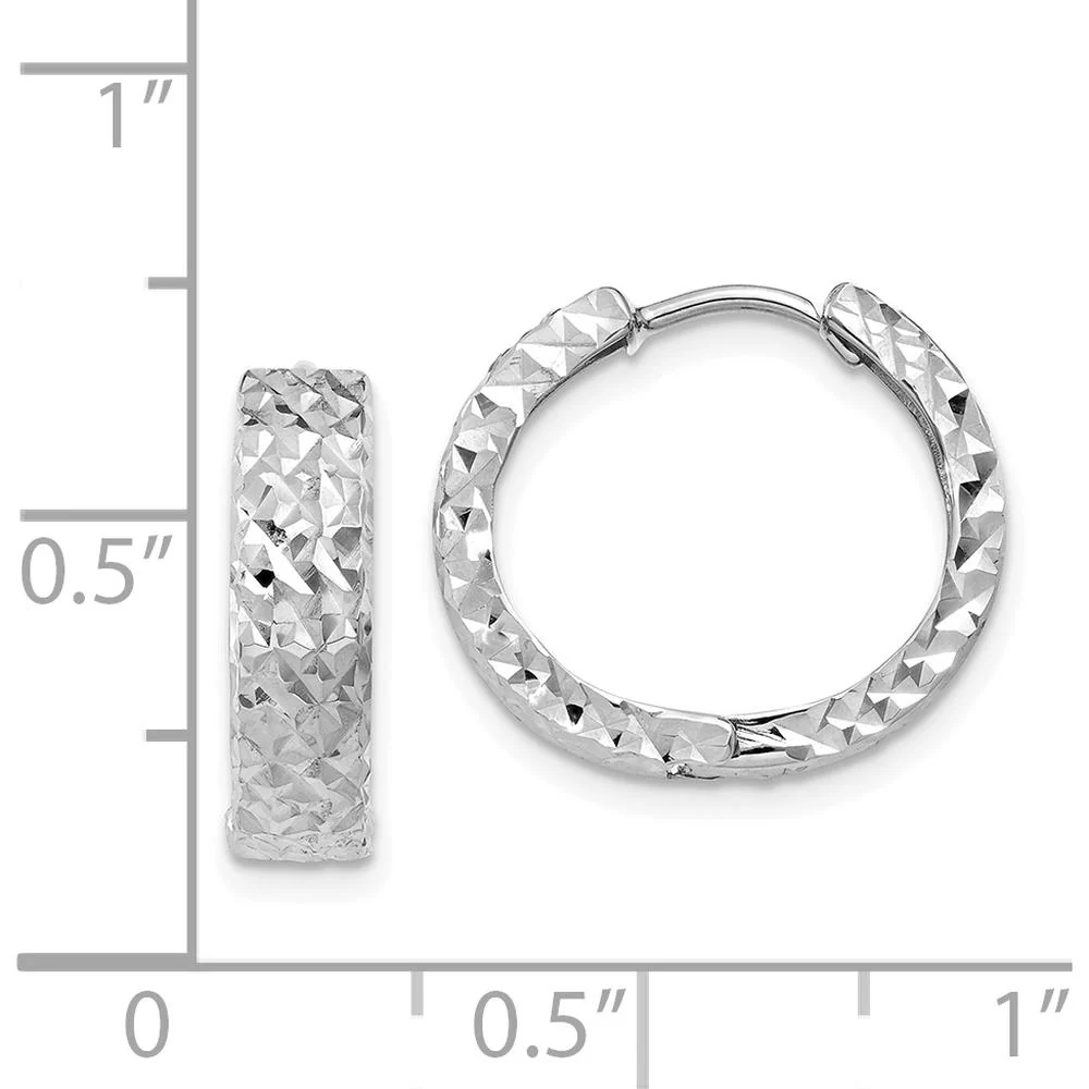 14K White Gold Diamond-Cut Hinged Hoop Earrings with Rhodium Plating - 12mm Length by Oro Pregiato - Image 4