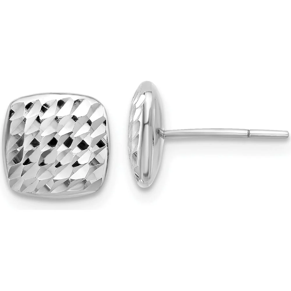 14K White Gold Diamond-Cut Square Button Earrings with Polished Finish by Oro Pregiato