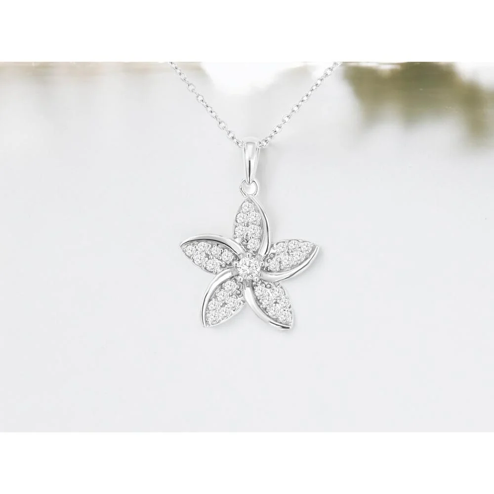 14K White Gold Diamond Flower Pendant with Pave Set Round Diamonds - 0.26 Carat Total Diamond Weight - Royal Jewelry - Image 2