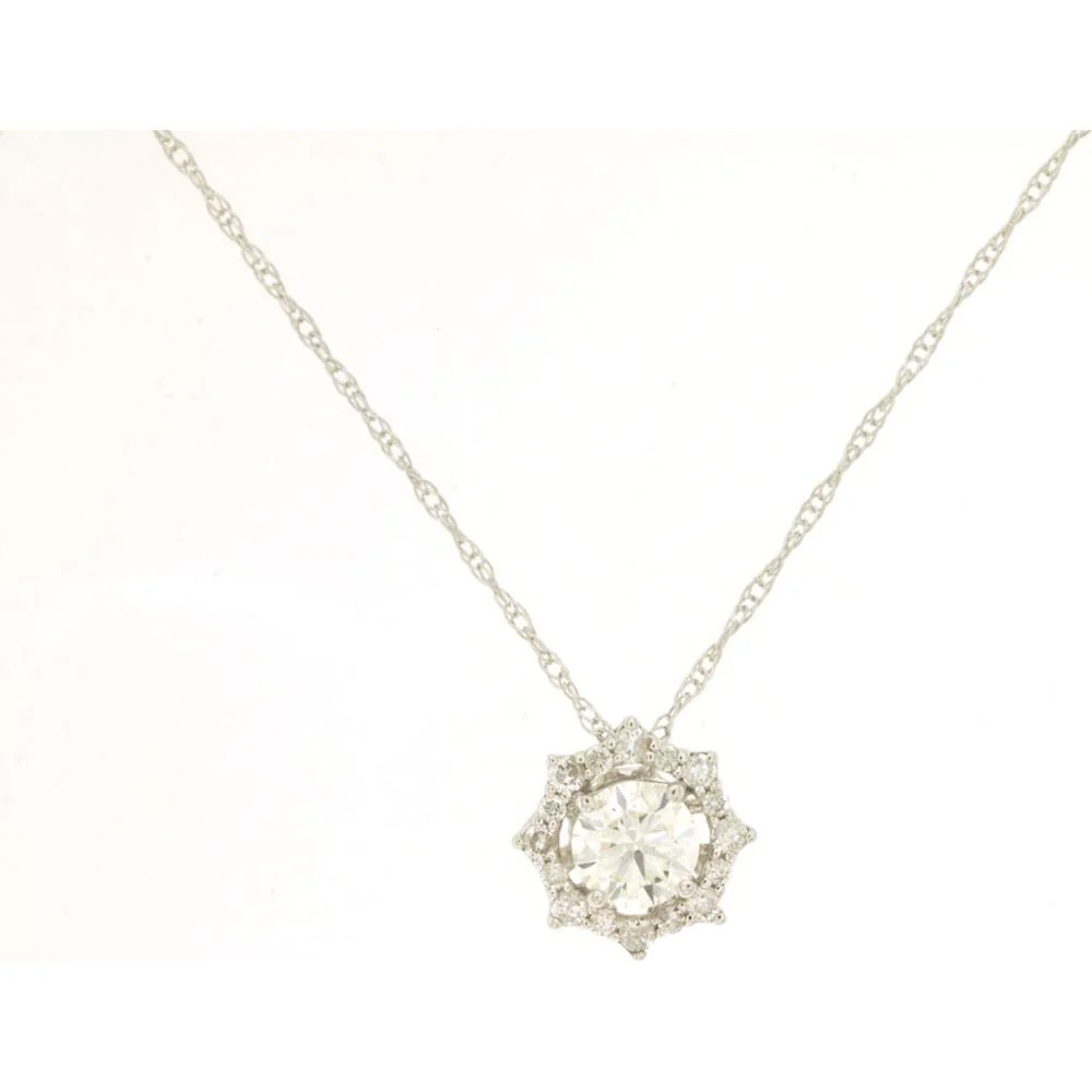 14K White Gold Diamond Halo Necklace with Round Brilliant Diamond - 0.36 Carats Total Diamond Weight - Royal Jewelry