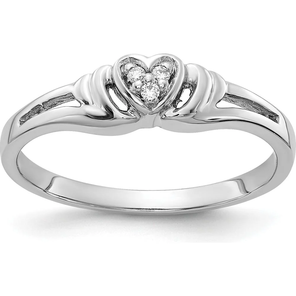14K White Gold Diamond Heart Ring with 3 Round Natural Diamonds - 0.008 Carat Total Weight - Size 6 by Monteluci Fine Jewelry