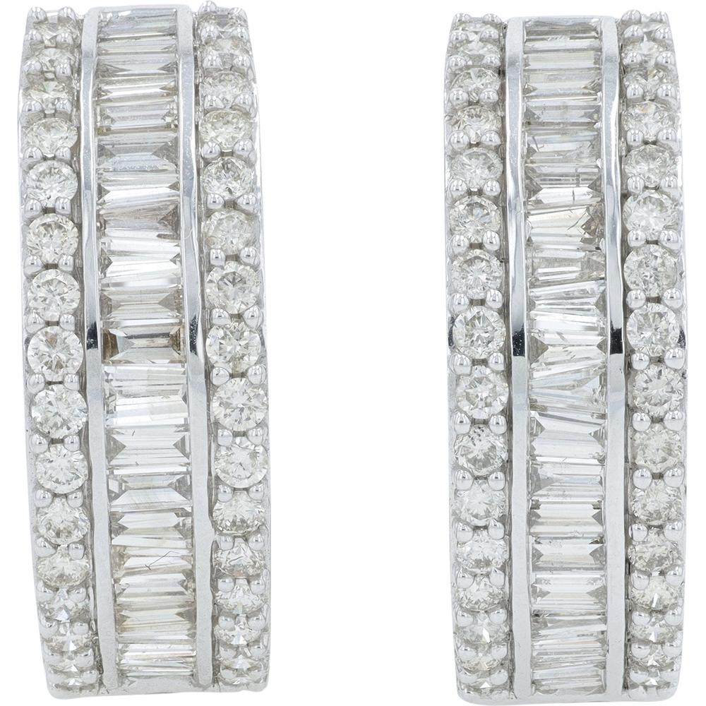 14K White Gold Diamond Hoop Earrings with Baguette Diamonds - 3.00 Carat Total Diamond Weight - Image 2