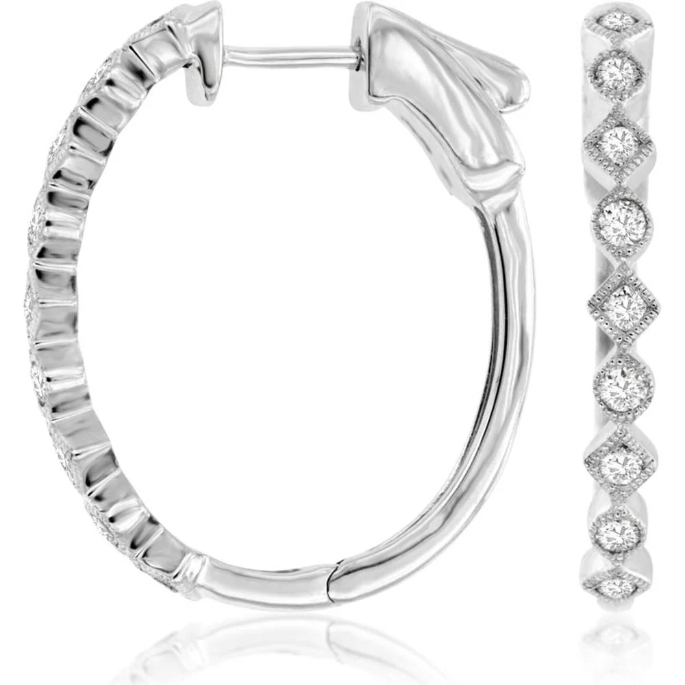 14K White Gold Diamond Hoop Earrings with Pave Set Diamonds - 0.52 Carats Total Diamond Weight - Royal Jewelry