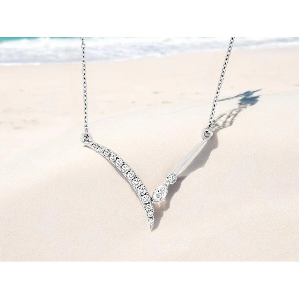 14K White Gold Diamond Necklace with Round and Marquise Diamonds - 0.20 Carats Total Diamond Weight - Royal Jewelry - Image 2