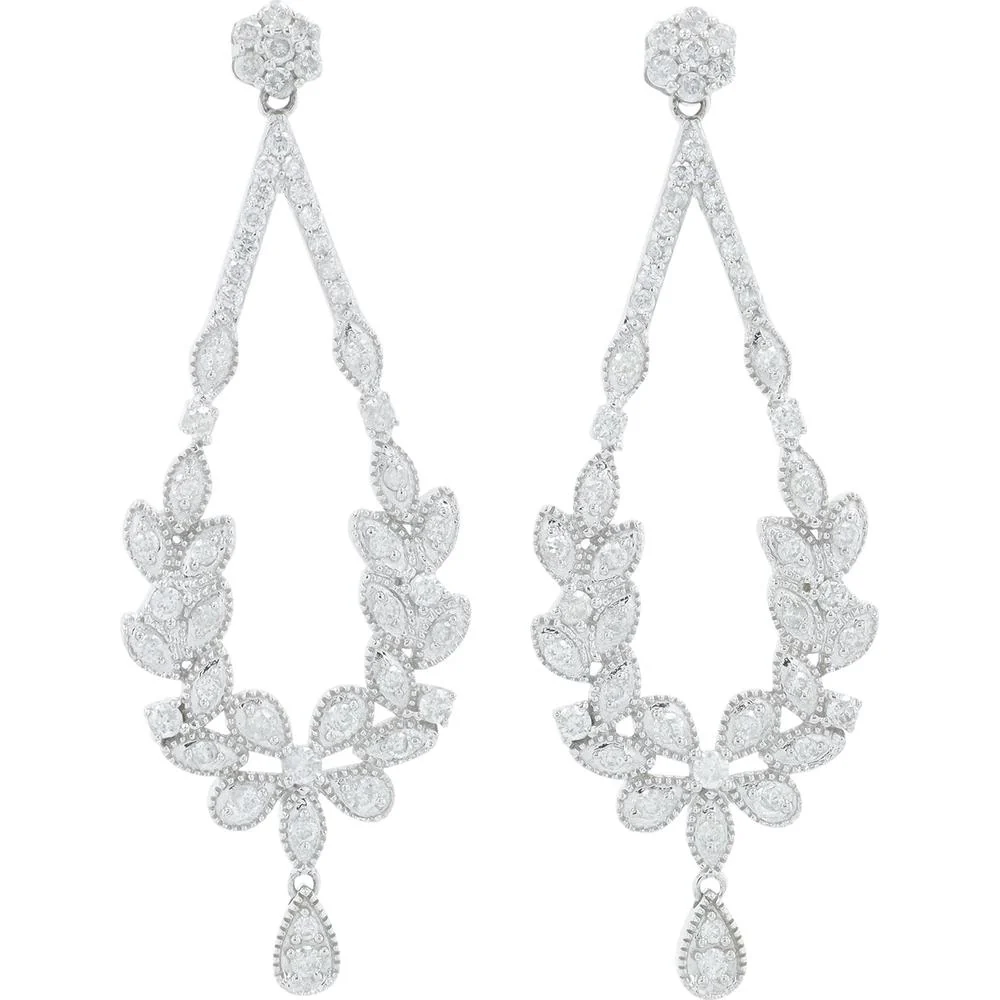14K White Gold Drop Earrings with Brilliant Round Diamonds - 1.00 Carat Total Diamond Weight