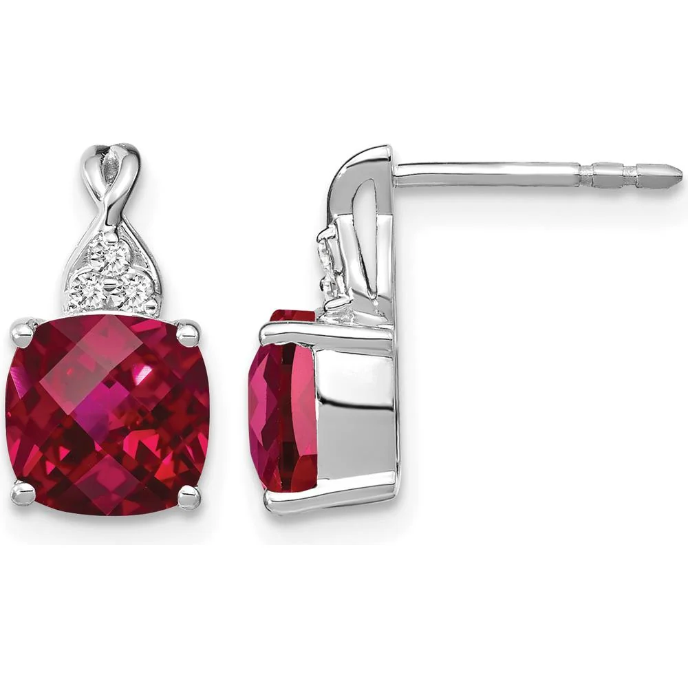 14K White Gold Drop Earrings with Checkerboard Created Ruby and Diamond Accents - 1.0 Carat Total Ruby Weight, 0.01 Carat Diamond Weight by Oro Pregiato