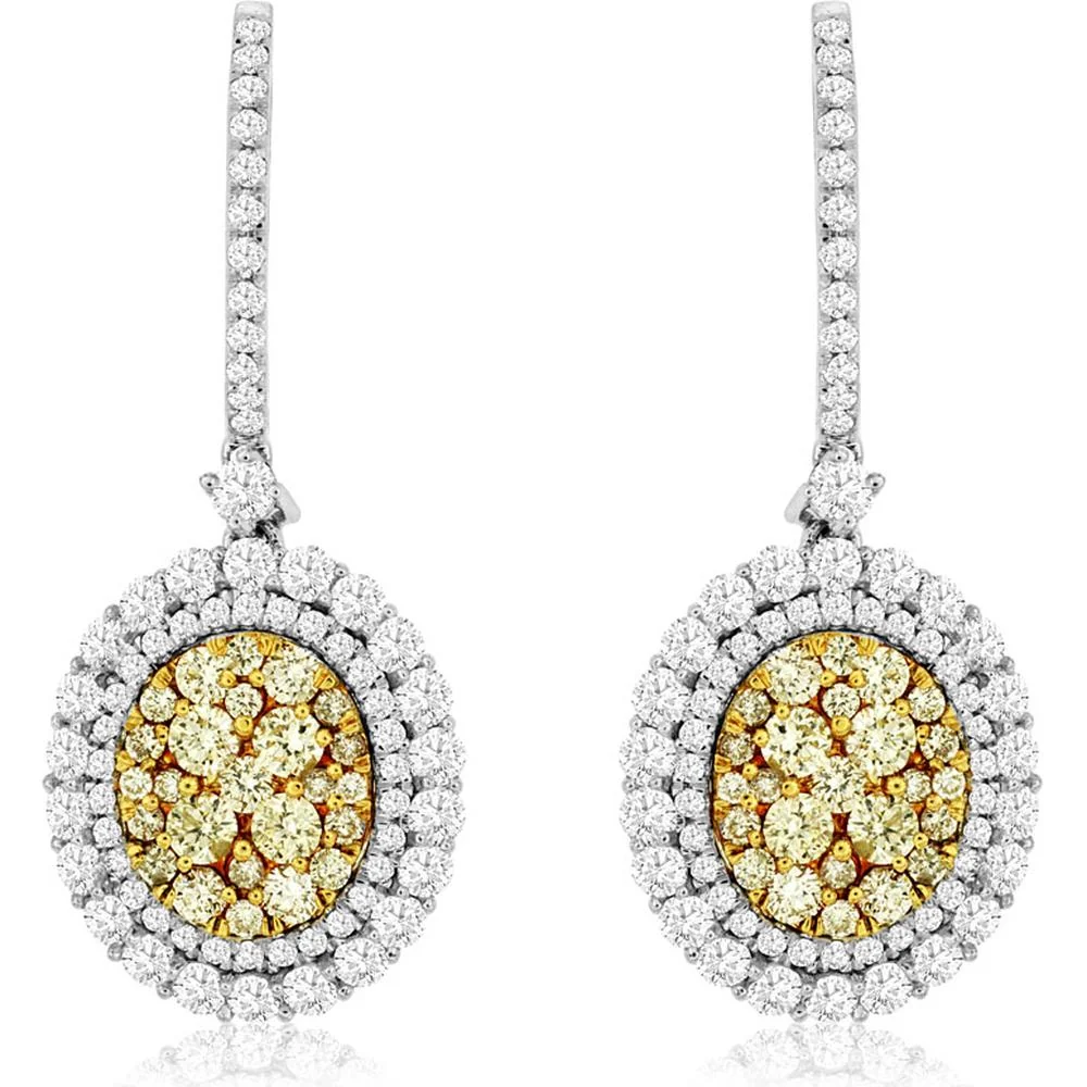 14K White Gold Drop Earrings with Yellow and White Diamonds - 1.93 Carats Total Diamond Weight - Royal Jewelry