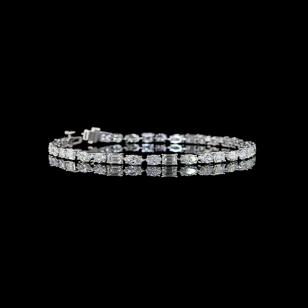 14K White Gold East-West Tennis Bracelet with Emerald, Marquise, and Oval Lab Diamonds - 6.11 Carats Total Diamond Weight - Covaloro Fine Jewelry