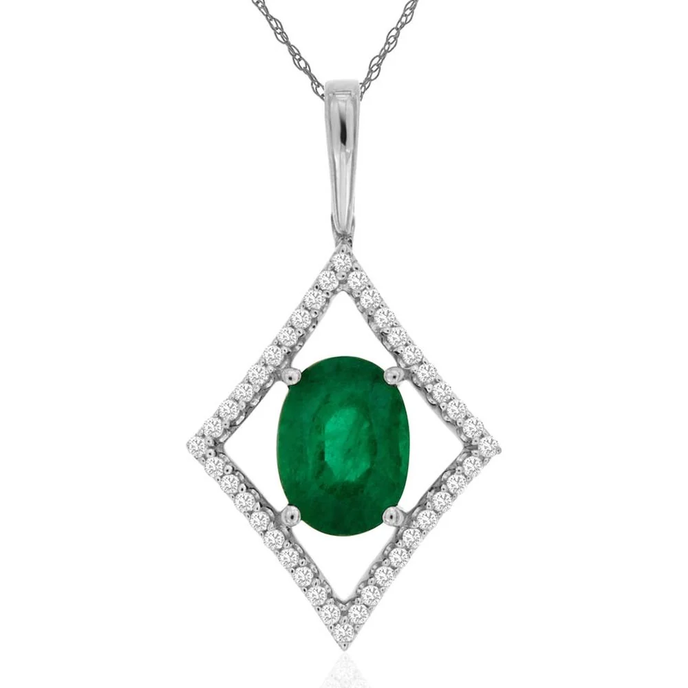 14K White Gold Emerald & Diamond Pendant - 1.15 Carats Total Gem Weight - Royal Jewelry