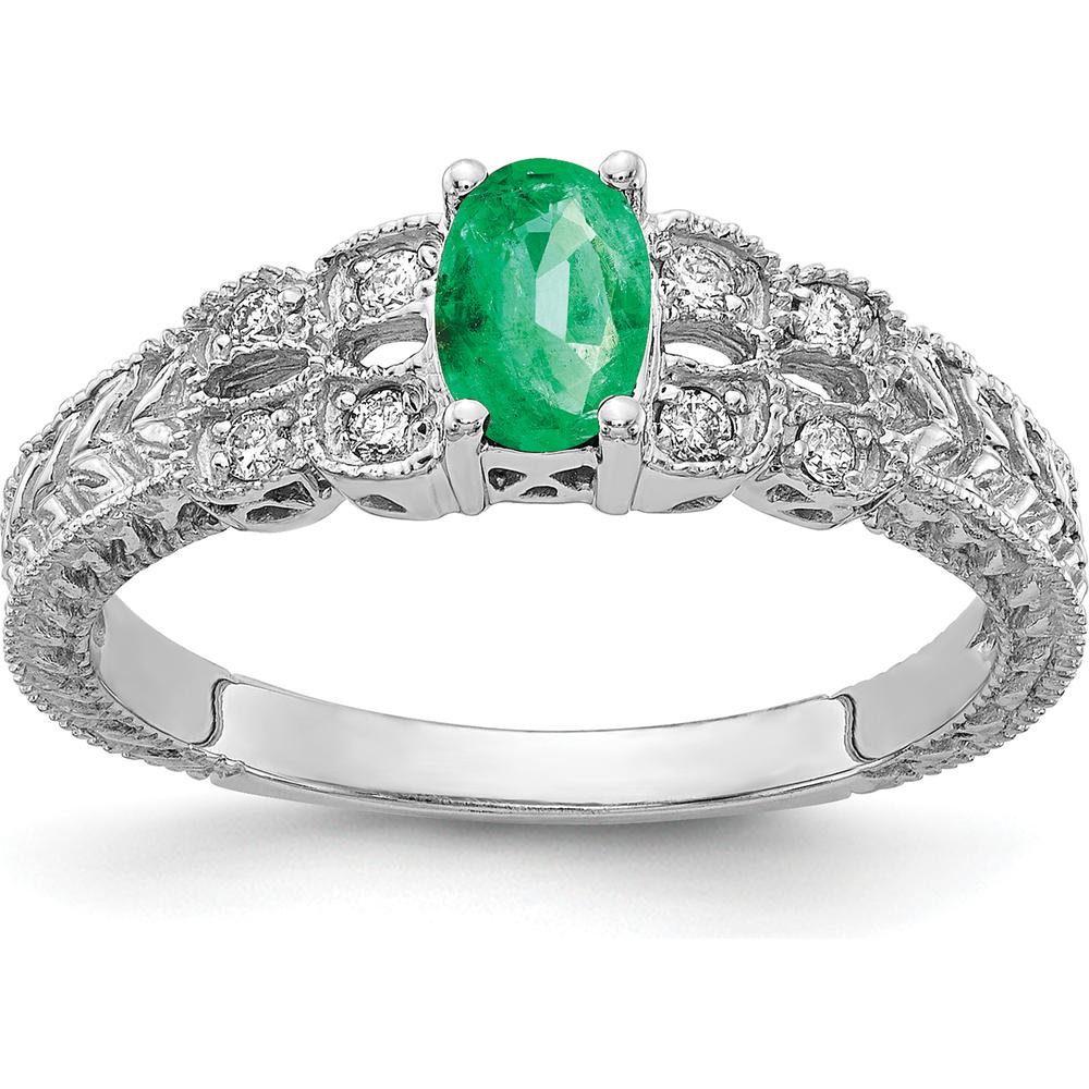 14K White Gold Emerald and Diamond Ring with Milgrain Detail and Oval Emerald - 0.42 Carat Total Gem Weight - Size 7 by Monteluci Fine Jewelry