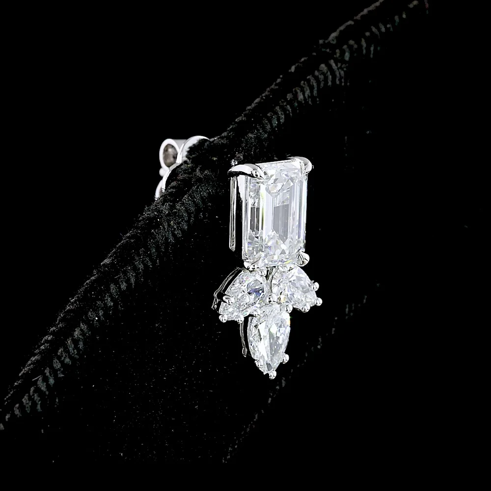 14K White Gold Emerald and Pear-Shape Lab Diamond Hanging Earrings - 2.96 Carats Total Diamond Weight - Covaloro Fine Jewelry - Image 3