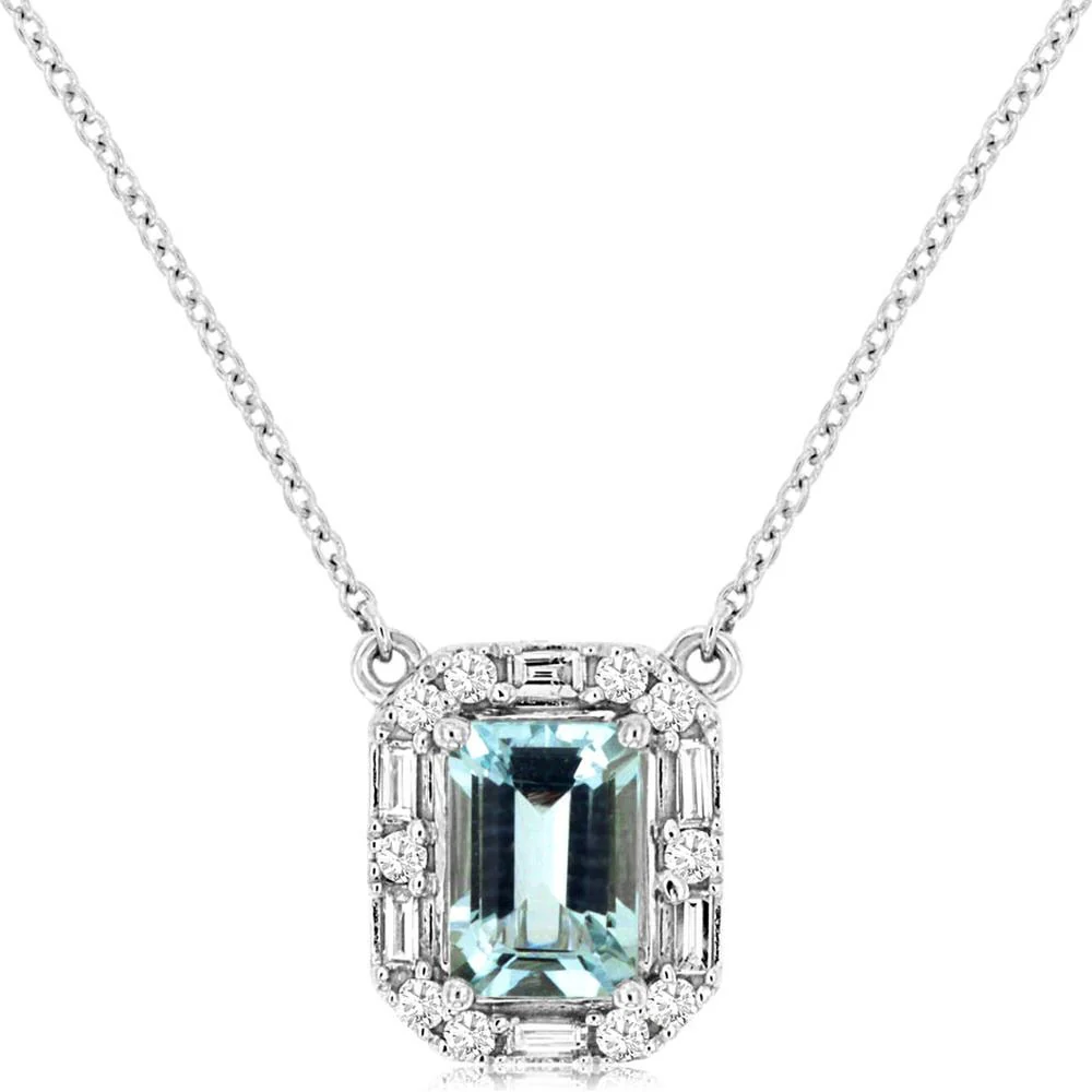 14K White Gold Emerald-Cut Aquamarine and Baguette & Round Diamond Halo Pendant Necklace - 0.90 Carat Aquamarine, 0.19 Carat Diamond Total Weight - Royal Jewelry