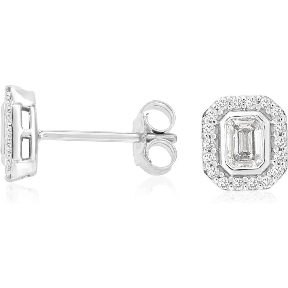 14K White Gold Emerald-Cut Diamond Halo Stud Earrings - 0.48 Carat Total Diamond Weight - Royal Jewelry