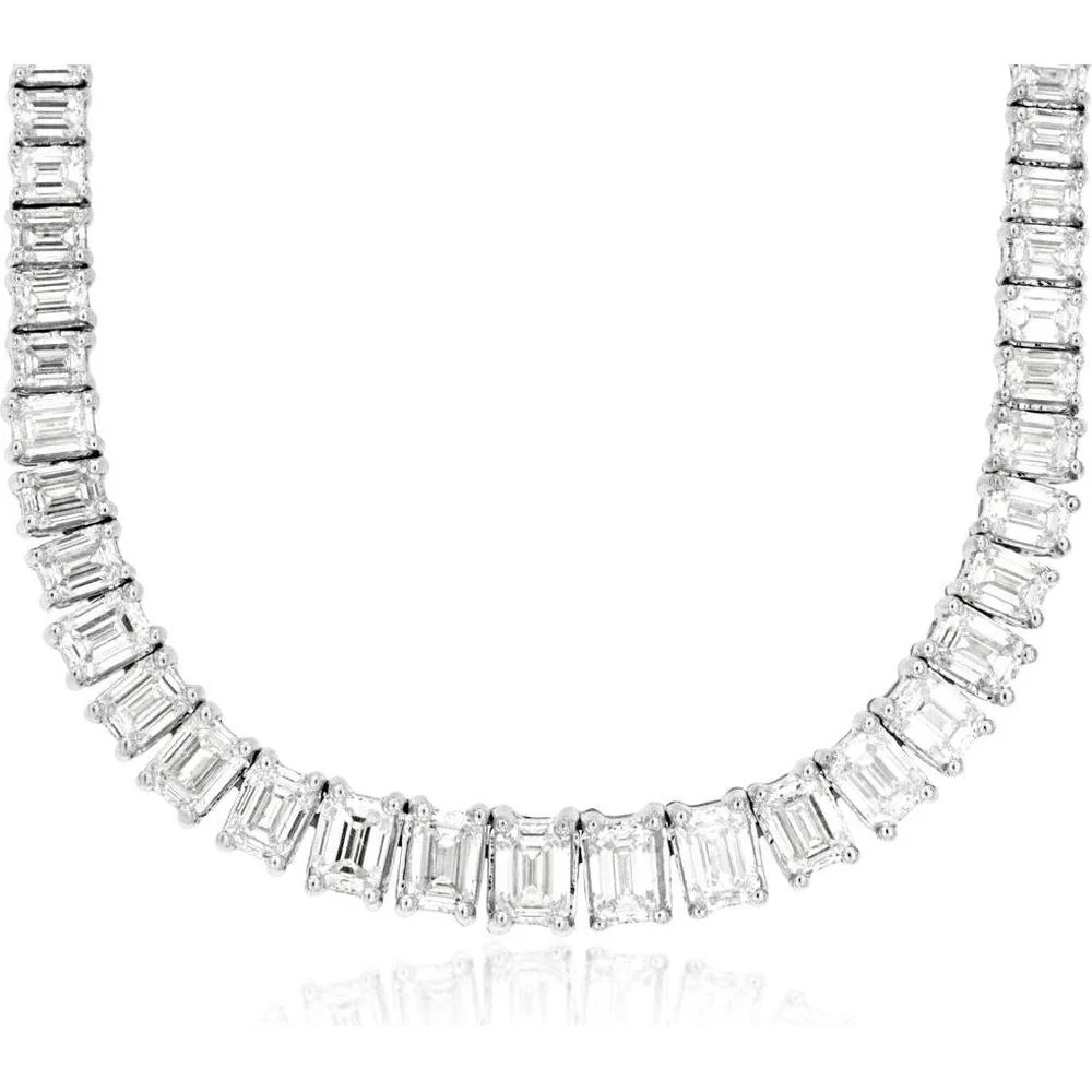14K White Gold Emerald Cut Diamond Tennis Necklace - 17.3 Carat Total Diamond Weight - Royal Jewelry