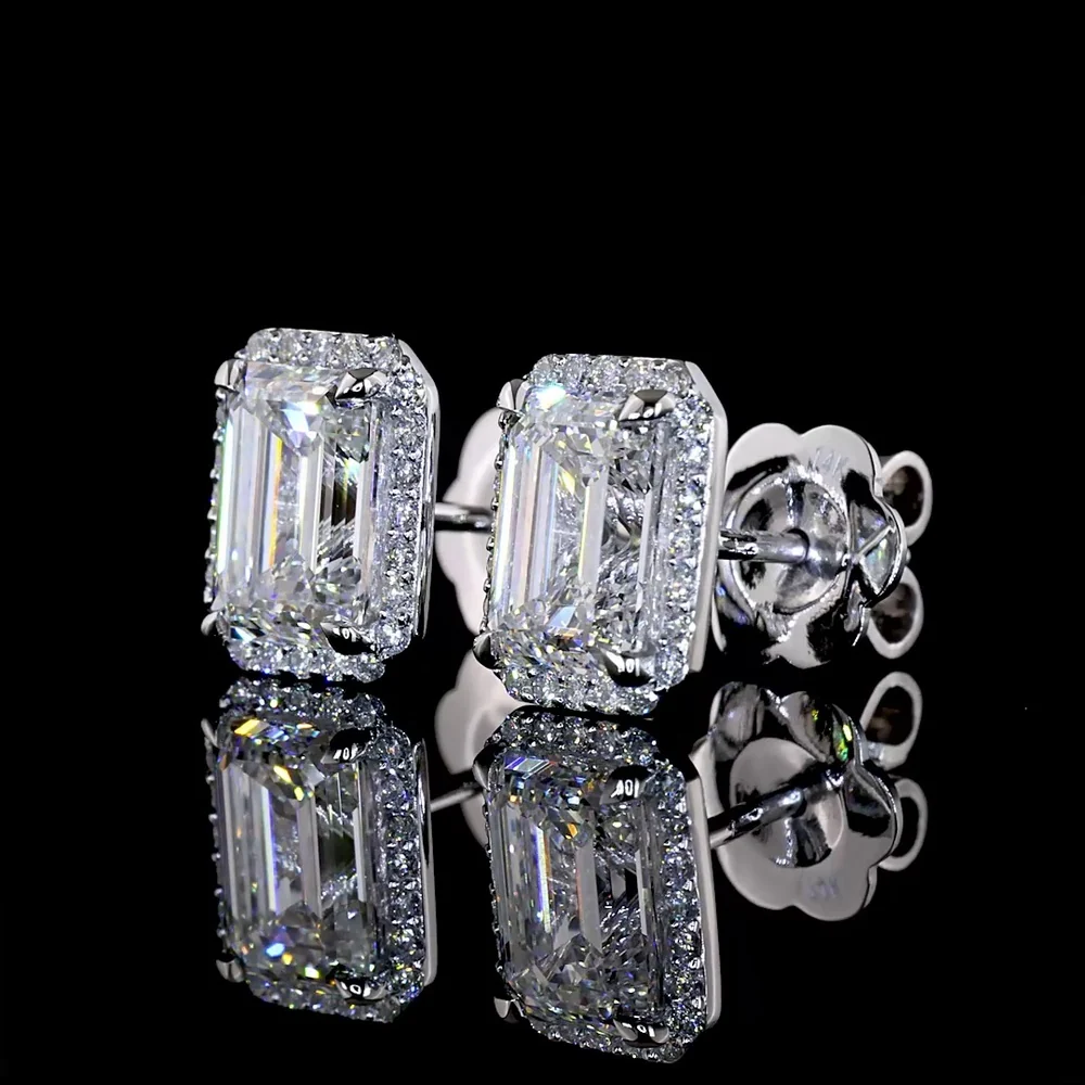 14K White Gold Emerald Cut Halo Stud Earrings with Lab Diamonds - 2.75 Carat Total Diamond Weight - Covaloro Fine Jewelry - Image 3