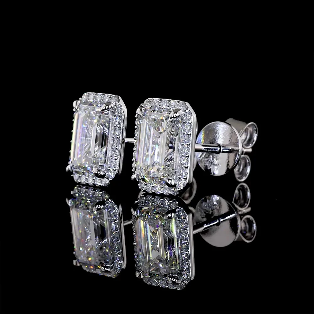 14K White Gold Emerald-Cut Lab Diamond Halo Stud Earrings with D VS1 and E VS1 Center Stones - 2.43 Carat Total Diamond Weight - Covaloro Fine Jewelry - Image 3