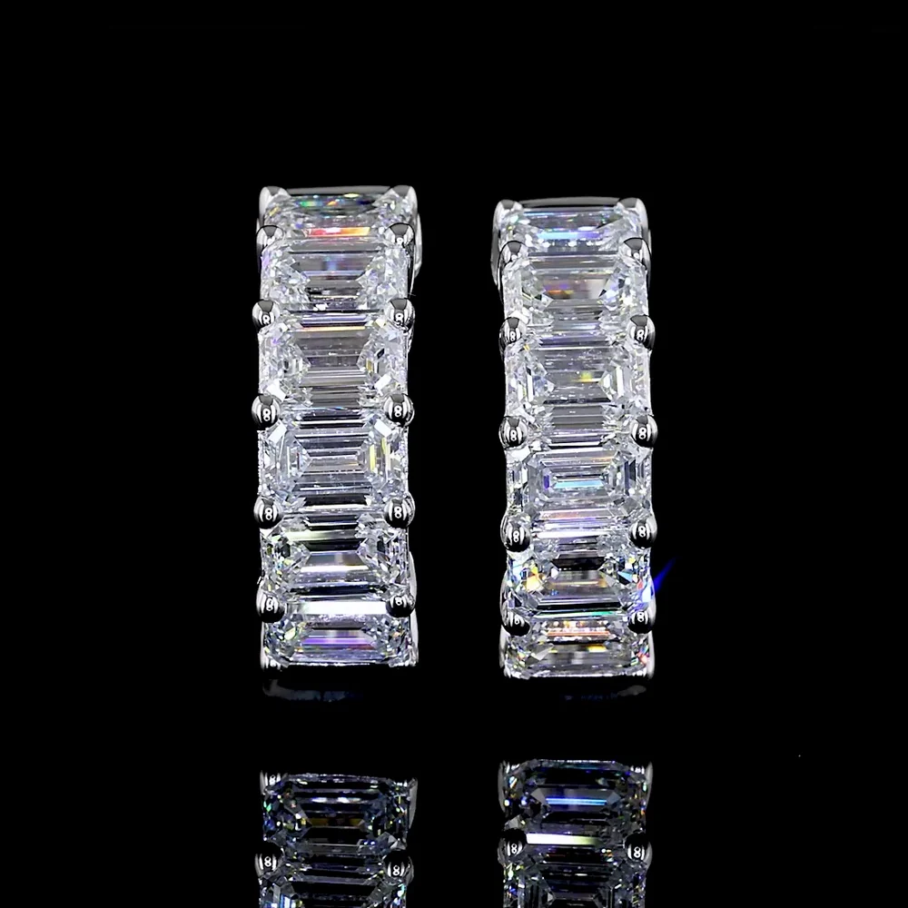 14K White Gold Emerald Cut Lab Diamond Huggie Earrings with Prong Setting - 2.03 Carats Total Diamond Weight - Covaloro Fine Jewelry