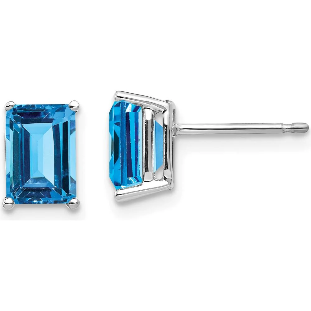 14K White Gold Emerald Cut Swiss Blue Topaz Stud Earrings - 1.3 Carat Total Carat Weight by Monteluci Fine Jewelry