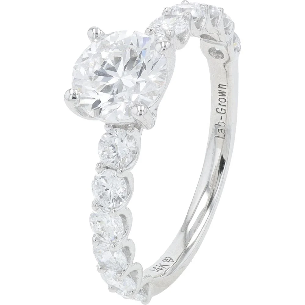 14K White Gold Engagement Ring with 1.25 Carat Lab Grown Round Diamond Center and 2.25 Carat Total Round Diamond Accents
