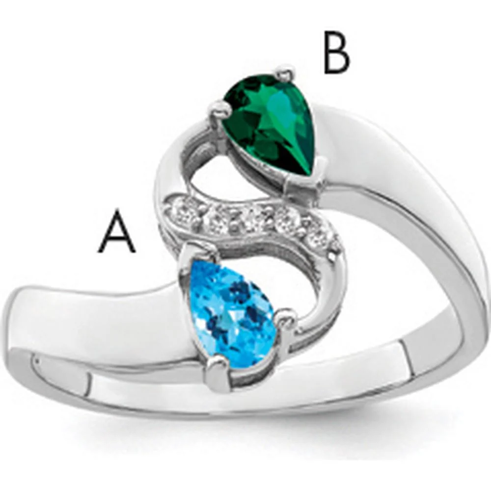 14K White Gold Family Jewelry Ring with Green and Blue Pear-Shaped Gemstones and Diamond Accents - Size 7 by Monteluci Fine Jewelry - Image 2