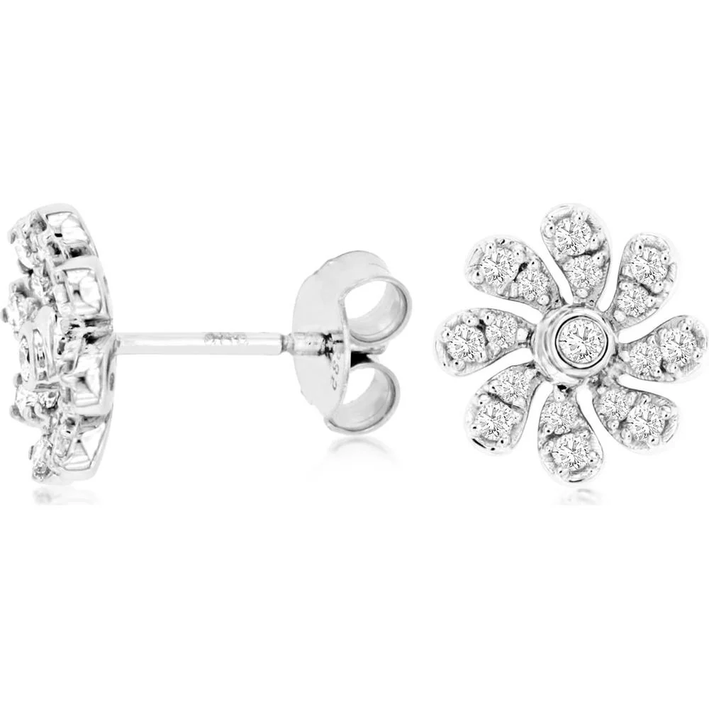 14K White Gold Floral Diamond Stud Earrings with Round Brilliant Diamonds - 0.37 Carats Total Diamond Weight - Royal Jewelry