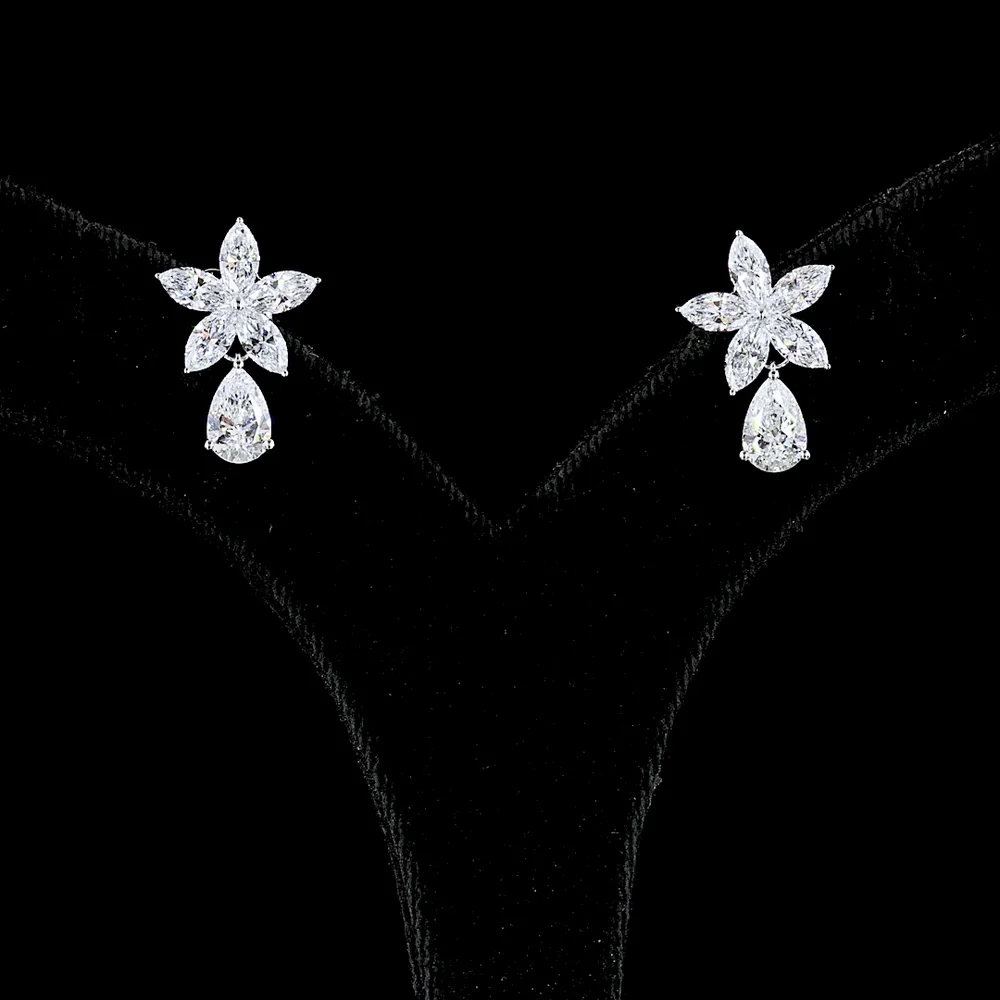 14K White Gold Flower Drop Earrings with Pear and Marquise Lab Diamonds - 3.20 Carats Total Diamond Weight - Covaloro Fine Jewelry - Image 2