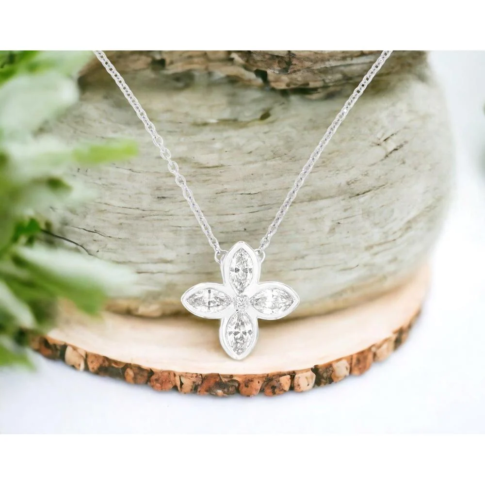 14K White Gold Flower Pendant Necklace with Marquise and Round Diamonds - 0.38 Carat Total Diamond Weight - Royal Jewelry - Image 2