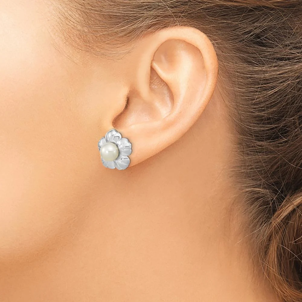 14K White Gold Freshwater Button Pearl Flower Post Earrings - 5-6mm Cultured Pearls by Monteluci Fine Jewelry - Image 3