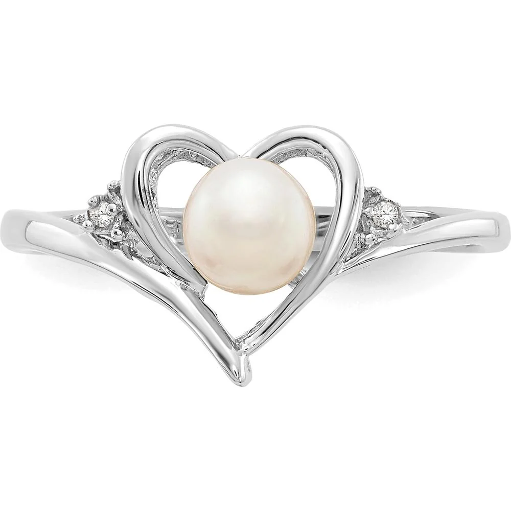 14K White Gold Freshwater Cultured Pearl and Diamond Heart Ring - Size 7 by Oro Pregiato - Image 5