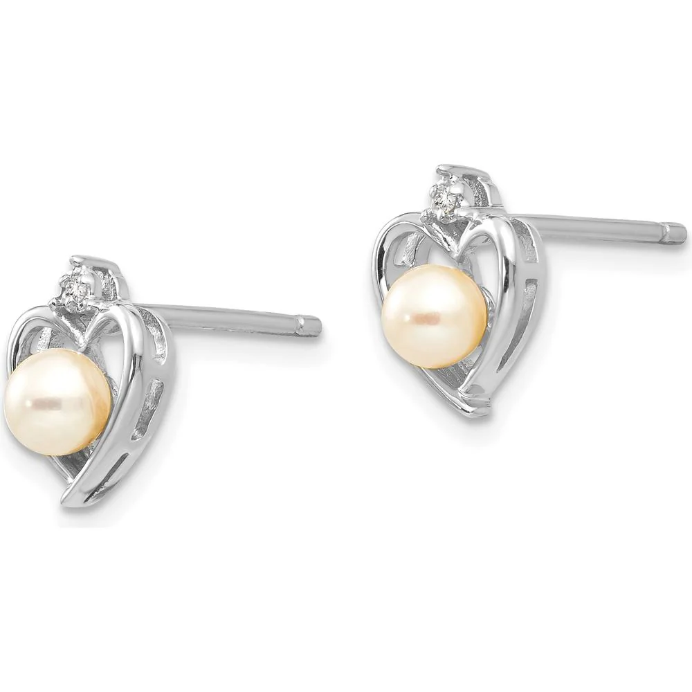 14K White Gold Freshwater Cultured Pearl and Diamond Heart Stud Earrings - 0.01 Carat Total Diamond Weight by Oro Pregiato - Image 2
