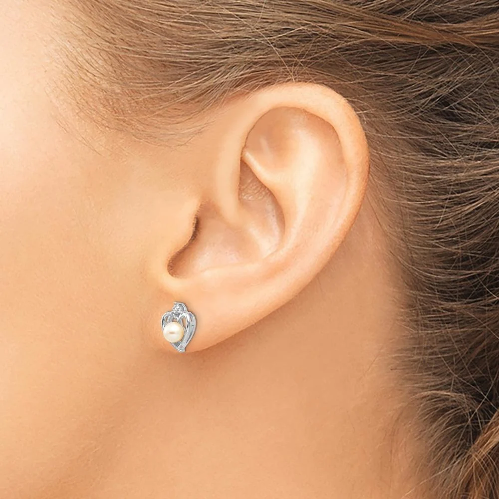14K White Gold Freshwater Cultured Pearl and Diamond Heart Stud Earrings - 0.01 Carat Total Diamond Weight by Oro Pregiato - Image 3